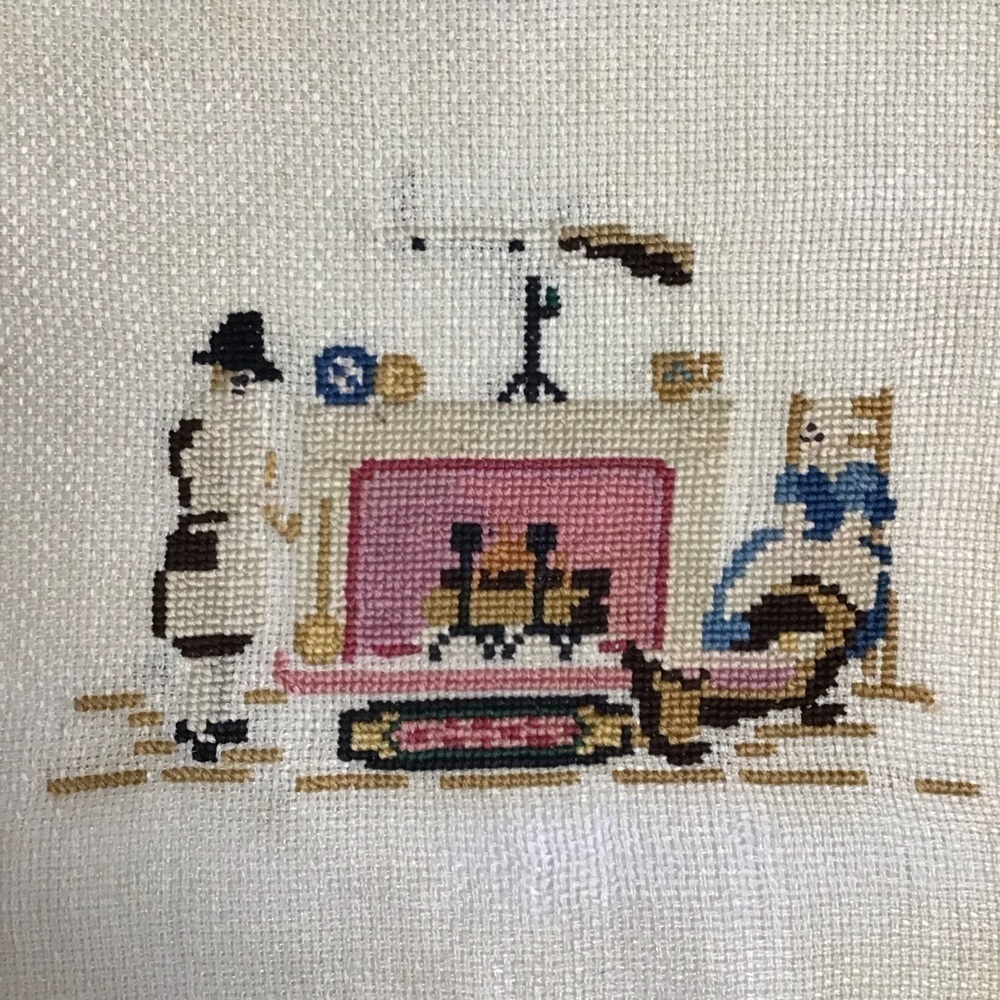 Americana Cross Stitch Sampler Colonial Pilgrim Doily Art Complete 11x12 Vintage - Picture 2 of 16